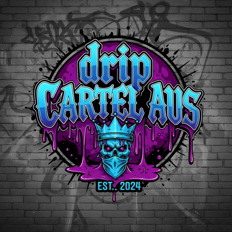 drip CARTEL AUS BLUE HIGHLIGHTS, PURPLE DRIP. TATTOO STYLE LETTERING, OUTLINE